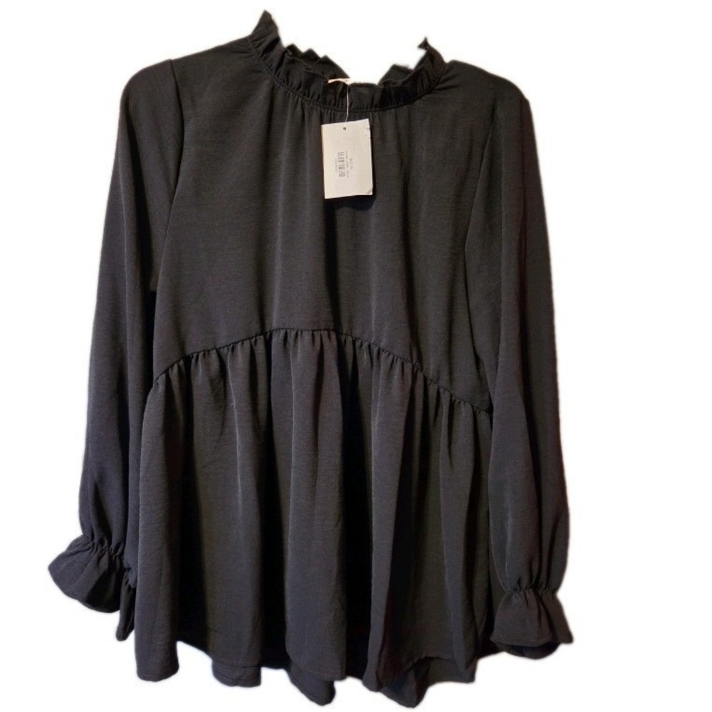Entro Black Ruffle Neck Babydoll Blouse Long Sleeve Tiered Top Small NWT